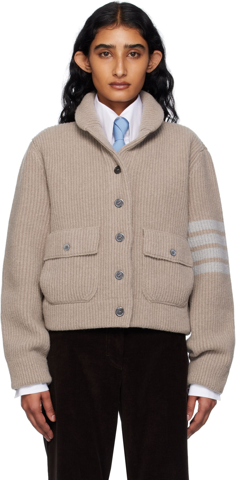 Cветр Thom Browne Thom Browne Merino Wool 4-Bar Bomber Cardigan бежевий | FKJ116A-Y1059