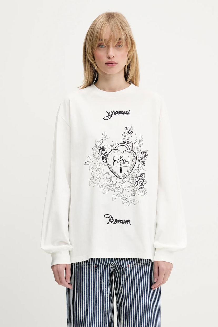 Світшоти GANNI GANNI Re-cut Heavy Jersey Charm Long Sleeve T-Shirt білий | T4139