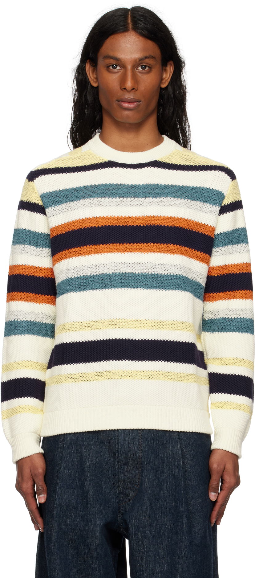 Cветр MAISON KITSUNÉ Maison Kitsuné Comfort Striped Sweater білий | OM00807KT1129