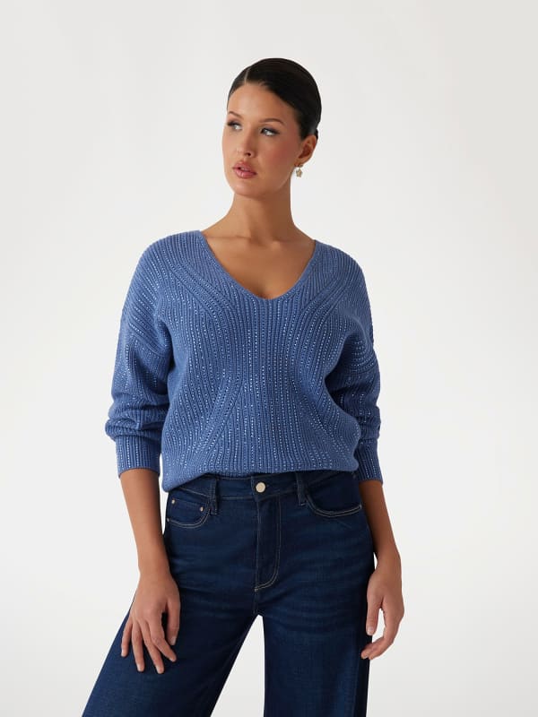 Cветр GUESS V-Neck Sweater with Rhinestone Details Синій | W5RR03Z3K70