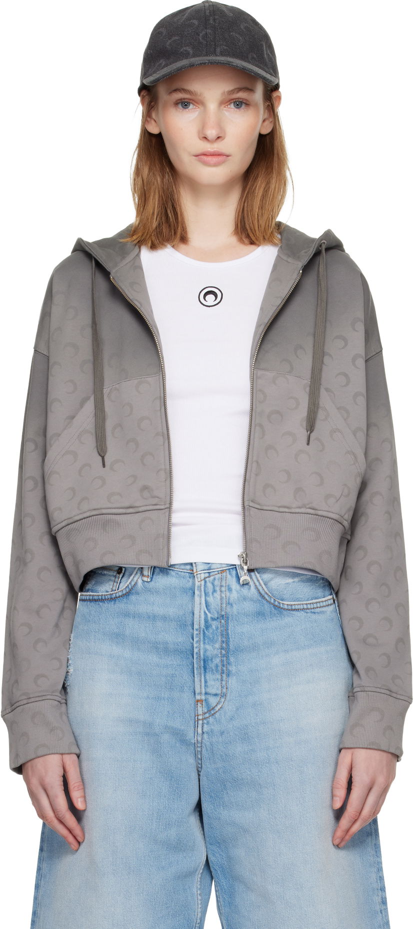 Світшоти Marine Serre Marine Serre Faded Moon Fleece Cropped Zipped Hoodie Сірий | WST019ACJER0073