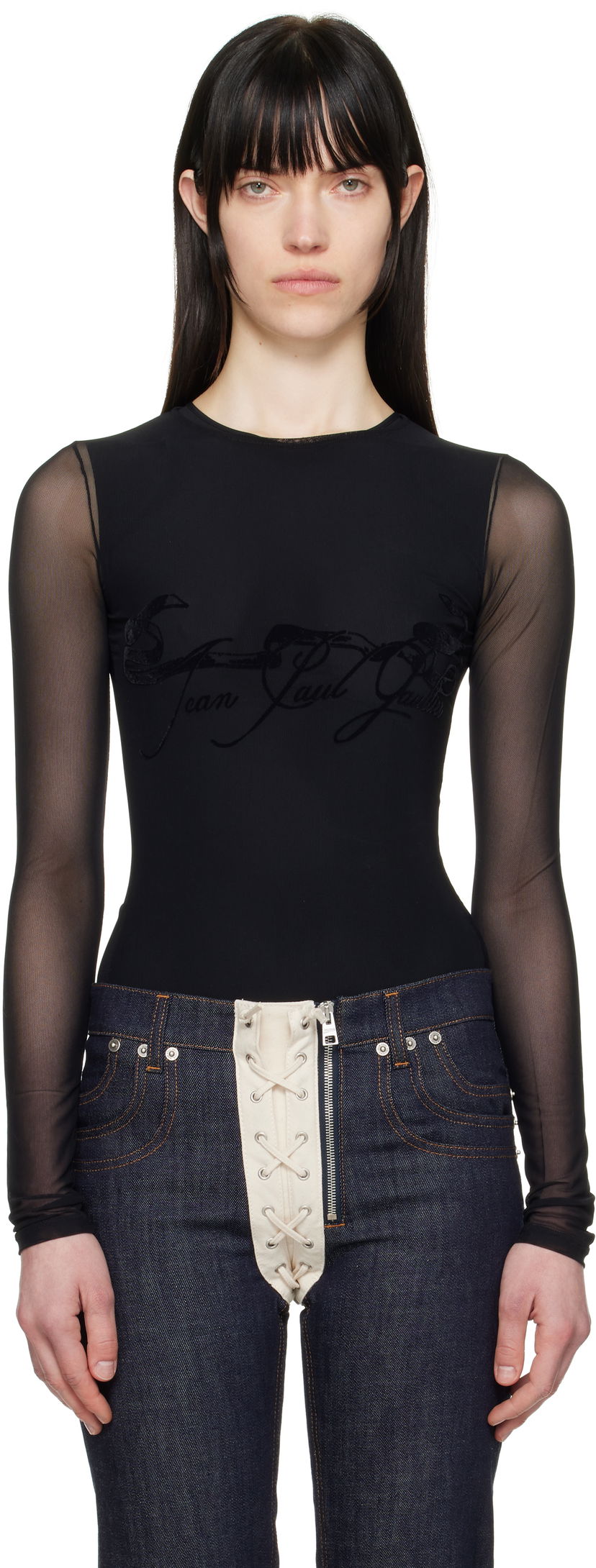Боді Jean Paul Gaultier Jean Paul Gaultier Flocked Tattoo Ruban Mesh Long Sleeve T-Shirt чорний | 25/34-F-TO281I-T005-00