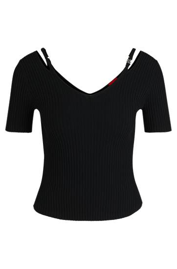 Cветр BOSS Ribbed Knit Top with Cutout Shoulders чорний | 50538223