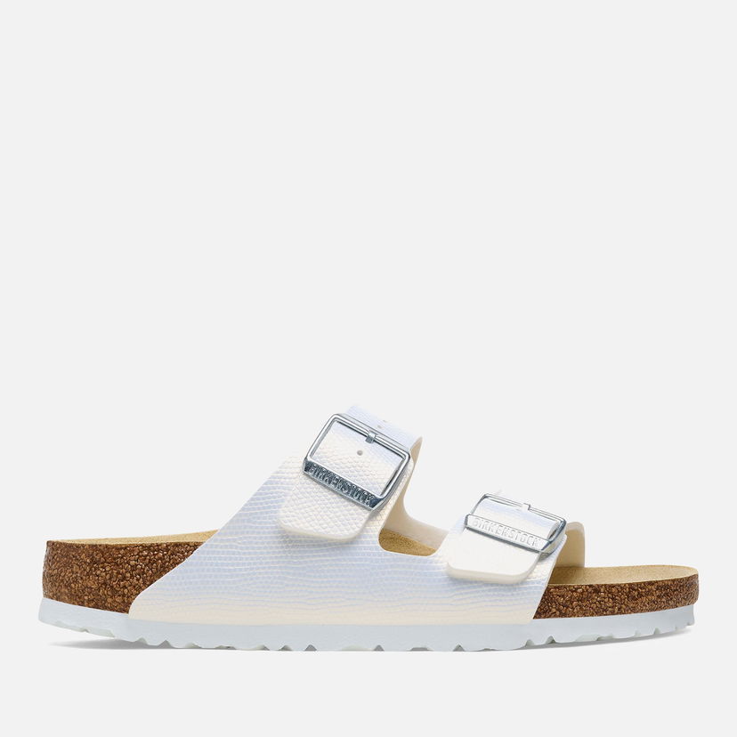 Кросівки та взуття Birkenstock Women's Arizona Slim Fit Shiny Lizard Emboss Double Strap Sandals - White - UK 3.5 Сірий | 1026500