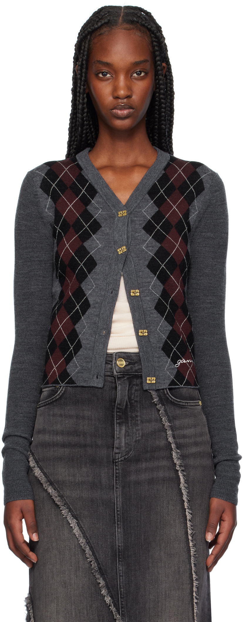 Cветр GANNI Argyle Jacquard Knit Cardigan Сірий | K2284