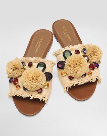 Аксесуари Dolce & Gabbana Dolce & Gabbana Braided Fringed Raffia Slide Sandals with Pompoms and Jewels бежевий | CQ0648AM4478B139, 3
