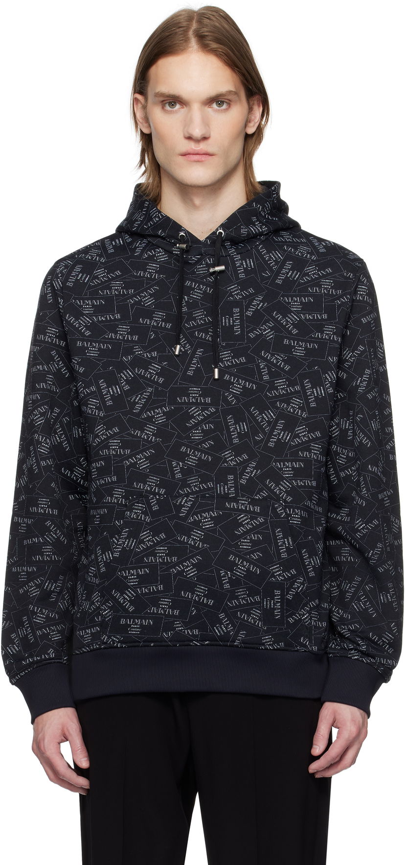Світшоти Balmain Balmain All-Over Label Print Hoodie чорний | EH1JT047GE38