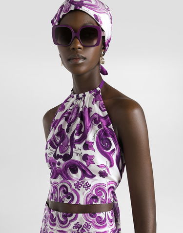 Безрукавка Dolce & Gabbana Dolce & Gabbana Majolica-Print Charmeuse Halter Tie Top Фіолетовий | F7BA8THPAE2H15DQ, 3
