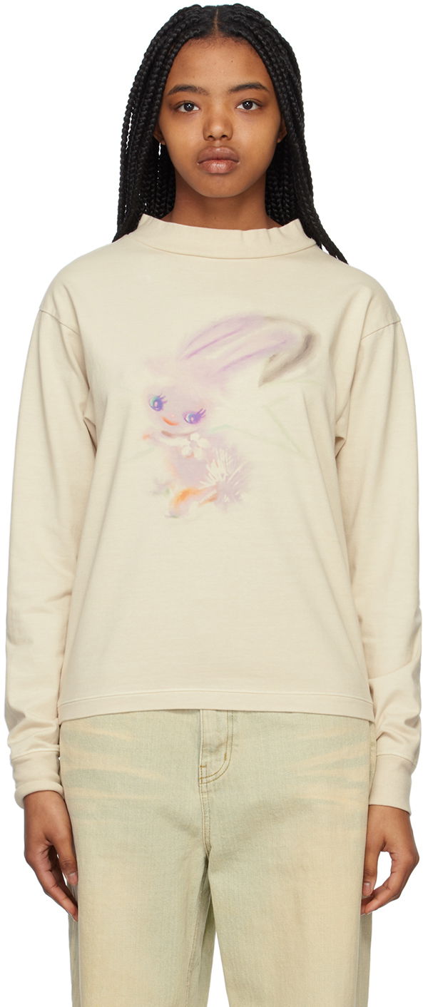 Cветр We11done We11done Crewneck Long Sleeve T-Shirt with Bunny Print бежевий | WD-TT1-23-792-U-IV