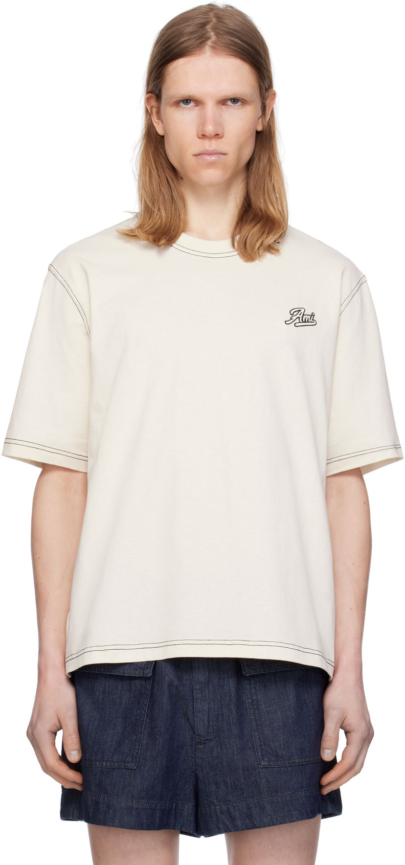 Футболка AMI AMI Paris Signature Cotton T-Shirt бежевий | HTS029.JE0118