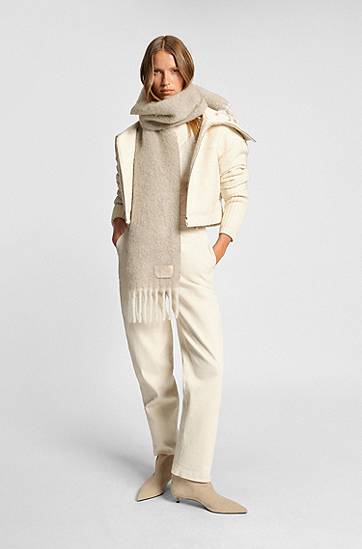 Шарф BOSS Italian-made fringed scarf with wool and alpaca бежевий | 50551696, 1