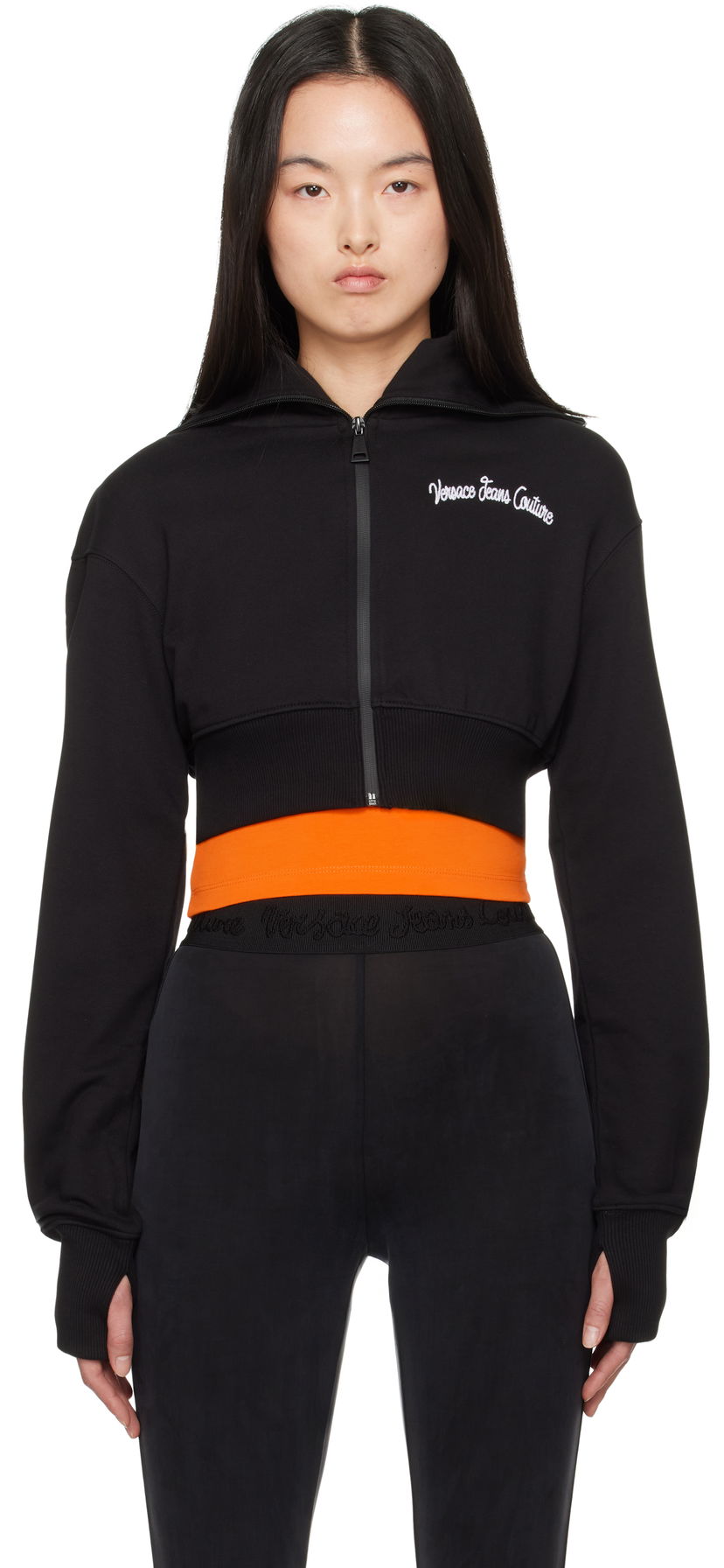 Світшоти Versace Versace Jeans Couture Embroidered Logo Crop Zip Hoodie чорний | E78HAIC08_ECF00C