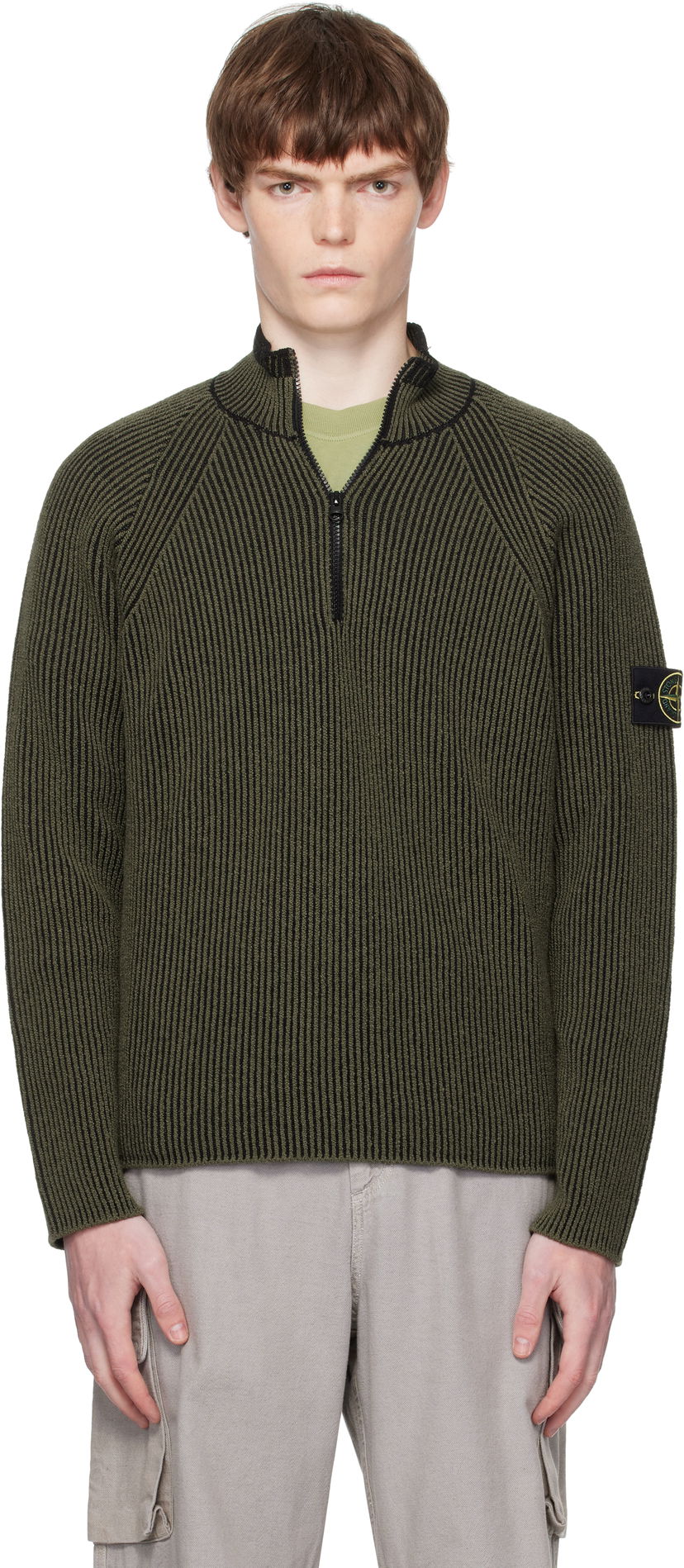 Cветр Stone Island Stone Island Full Rib RWS Wool Quarter-Zip Sweatshirt Зелений | K2S15 5100024 S00L7