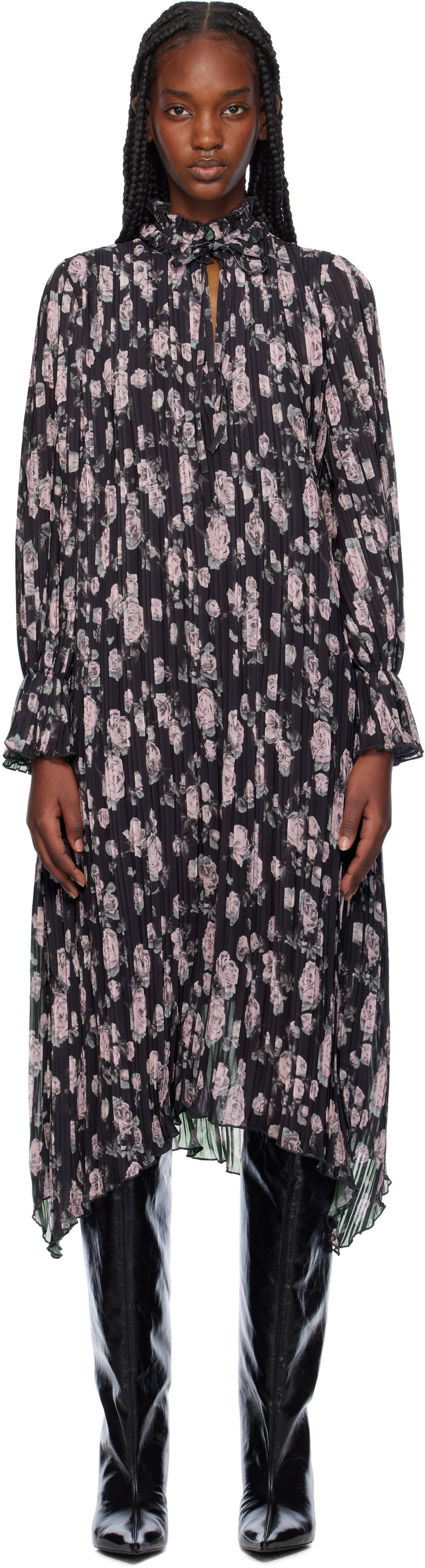 плаття GANNI Floral Print Pleated Midi Dress чорний | F9551