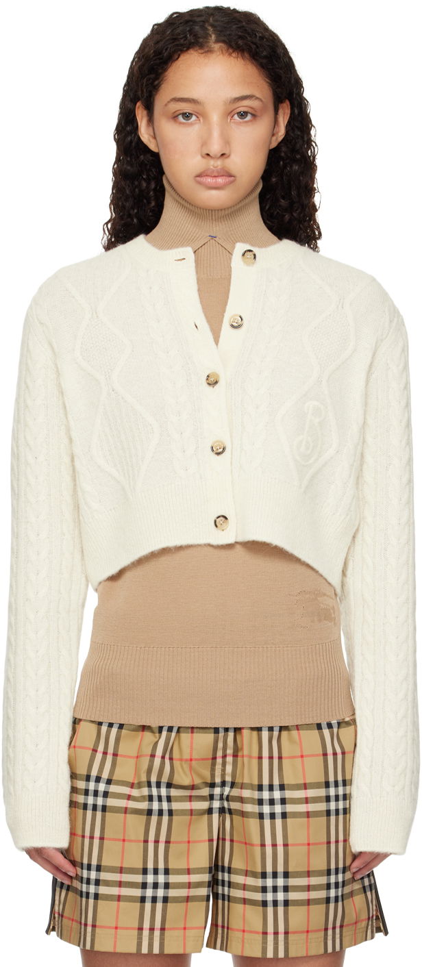 Cветр Burberry Burberry Cropped Aran Wool Blend Cardigan білий | 8097967