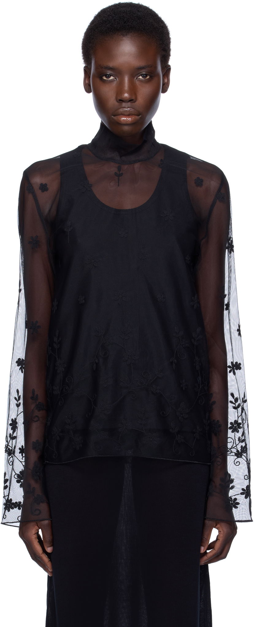 Сорочка TOTEME TOTEME Floral Tulle Mock Neck Blouse чорний | 253-WRT0546-FB0431