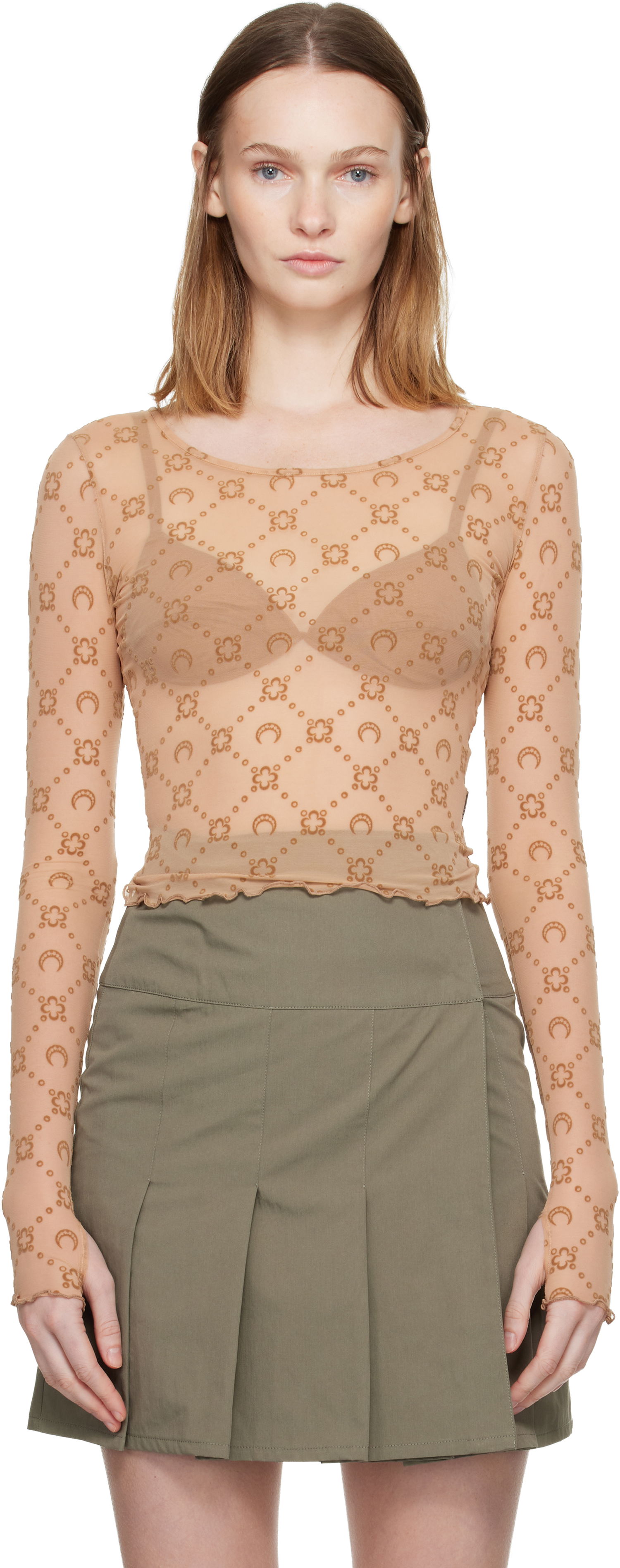 Кроп-топи Marine Serre Moonogram Mesh Flock Long Sleeve Cropped Top бежевий | WTS012S CJER0005, 0