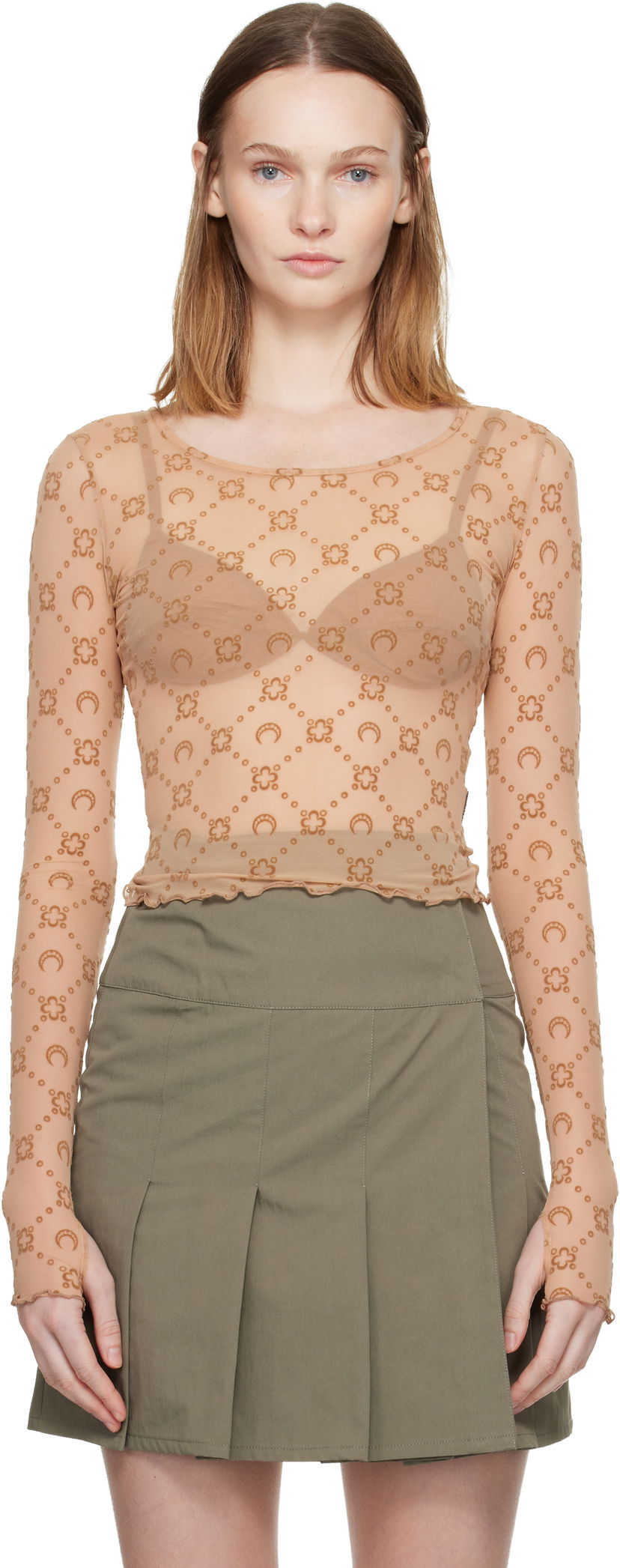 Кроп-топи Marine Serre Moonogram Mesh Flock Long Sleeve Cropped Top бежевий | WTS012S CJER0005