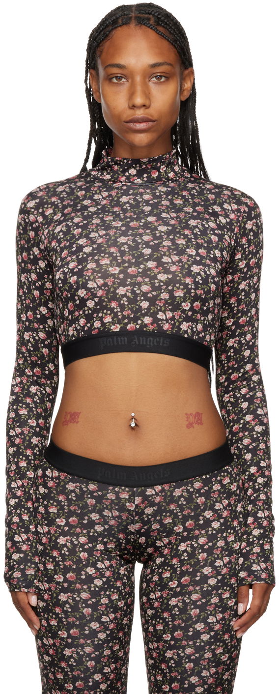 Кроп-топи Palm Angels Floral Print Long Sleeve Crop Top чорний | PWAD040F22FAB0031030