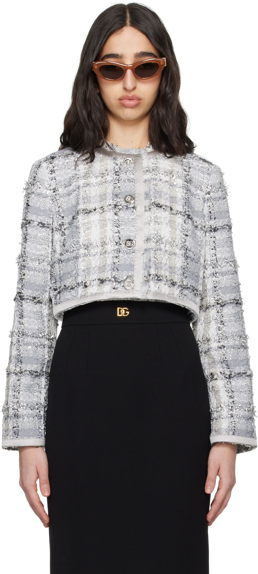 Куртка Dolce & Gabbana Dolce&Gabbana Short Check Lurex Raschel Tweed Jacket Сірий | F27DQT FQZAE