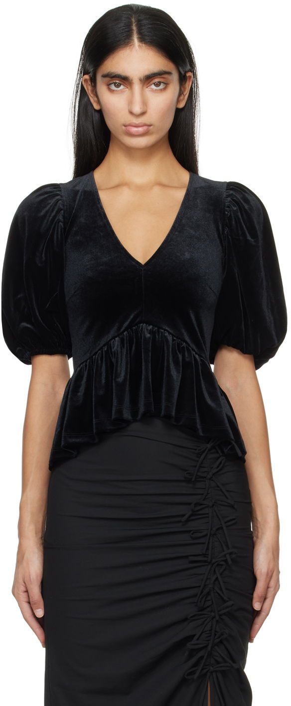 Сорочка GANNI Velvet V-Neck Peplum Top чорний | T3835