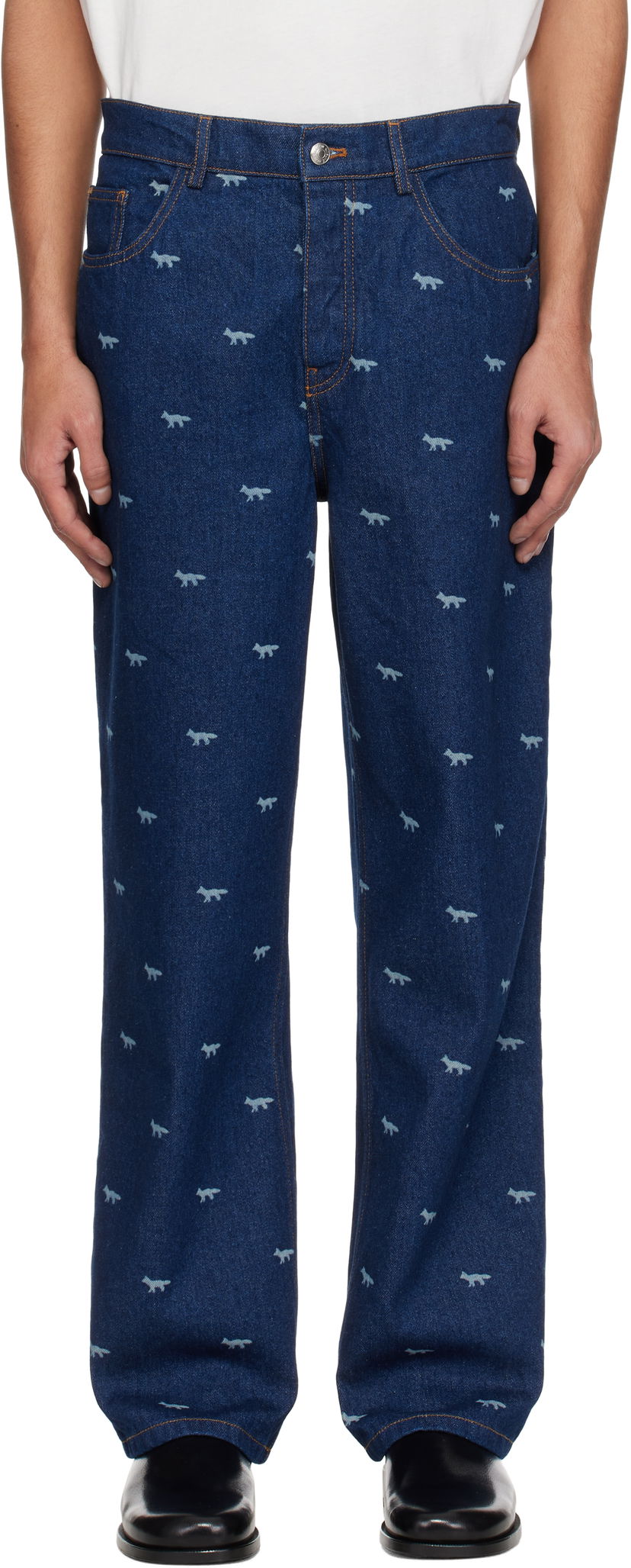Джинси MAISON KITSUNÉ Maison Kitsuné Fox Print Relaxed Jeans Синій | OM01105WD4014