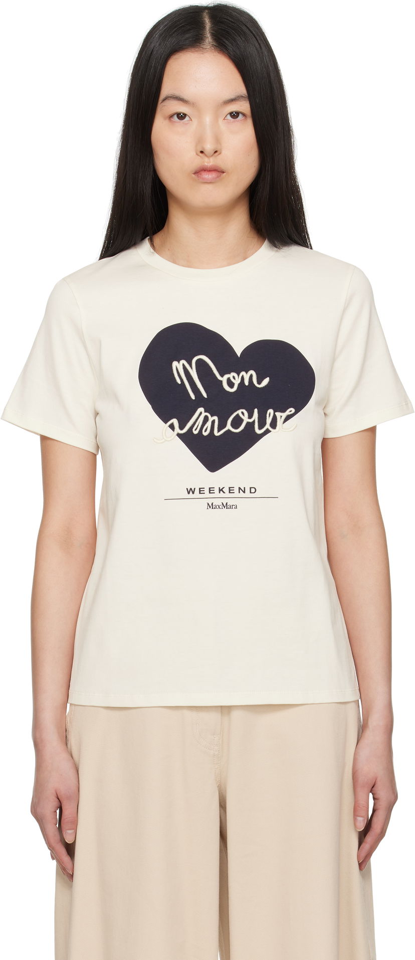 Футболка Max Mara Weekend Max Mara Vello T-Shirt with Heart Applique бежевий | 2515971051600