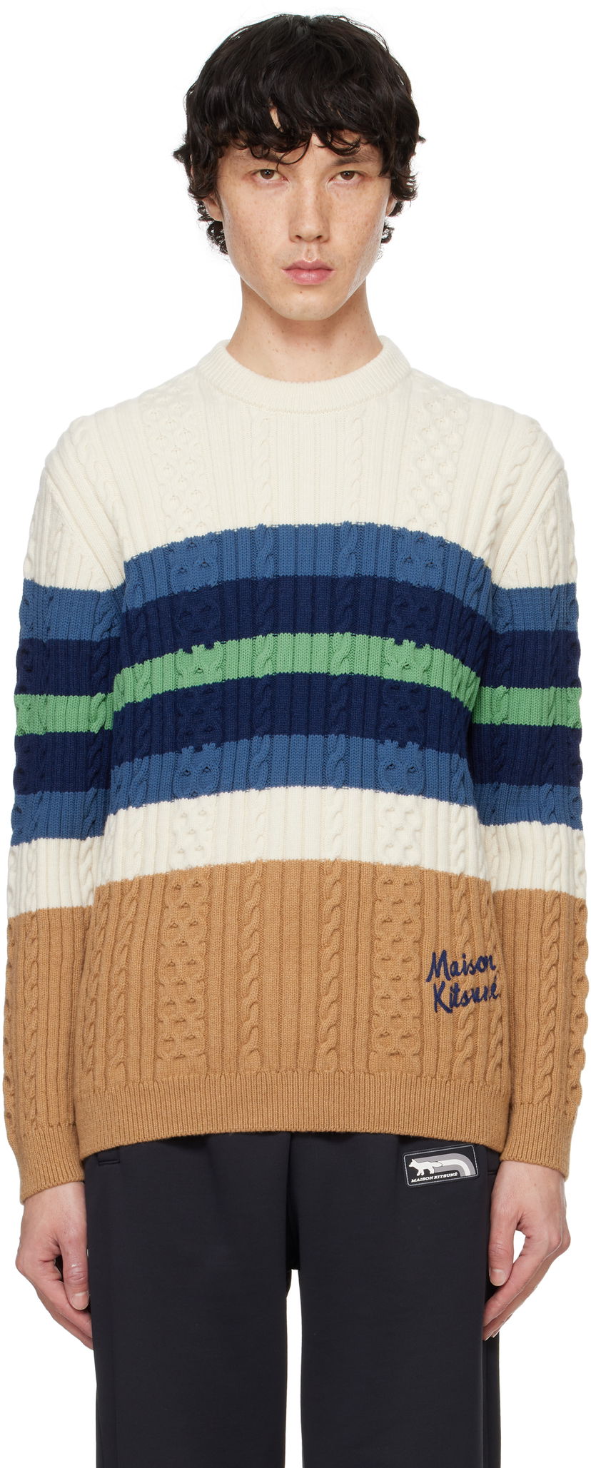 Cветр MAISON KITSUNÉ Striped Cable Crewneck Sweater Різнокольоровий | NM00804KH0001