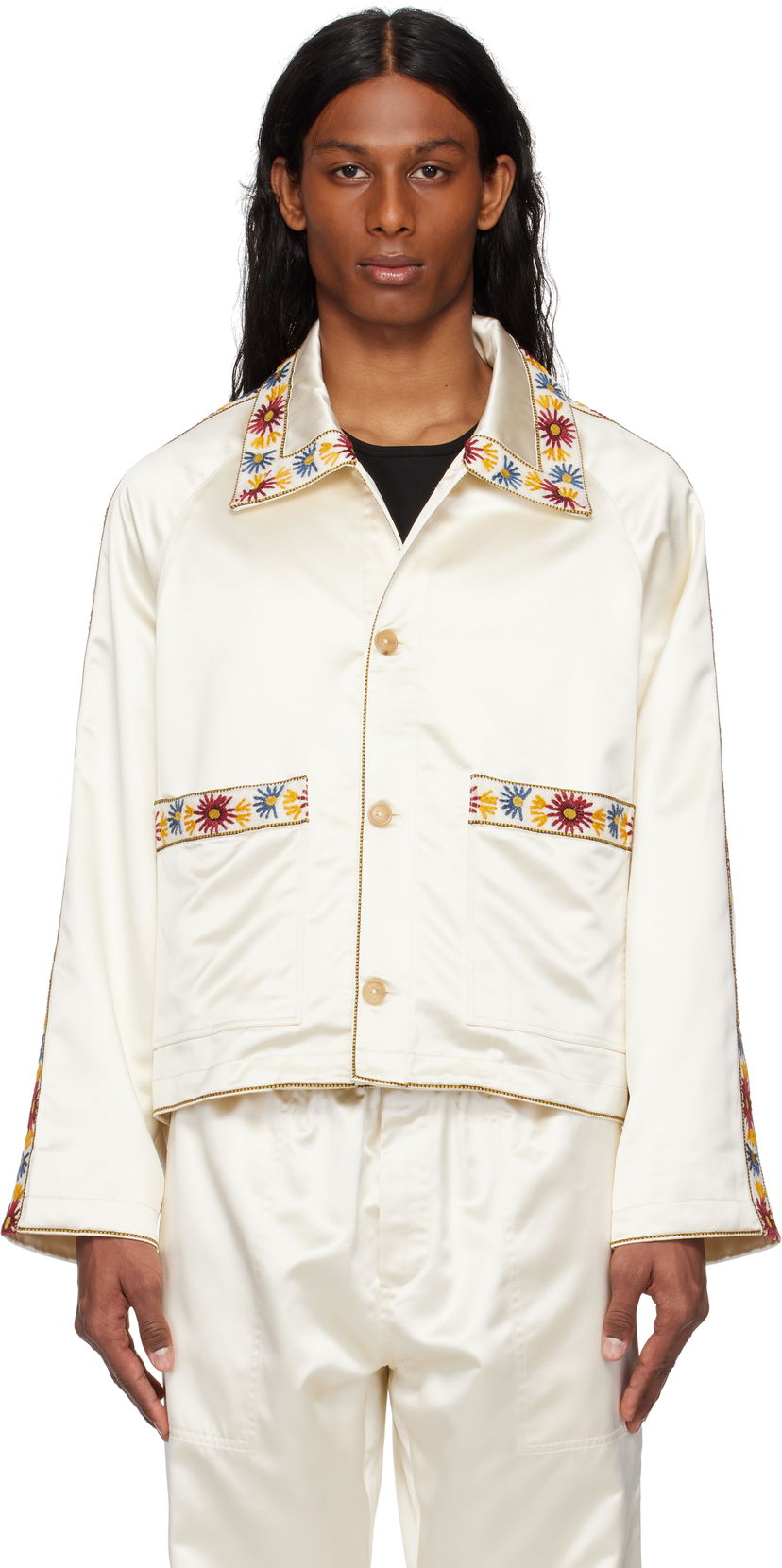 Куртка бомбер Bode Bode Embroidered Satin Jacket білий | MRS25OW014