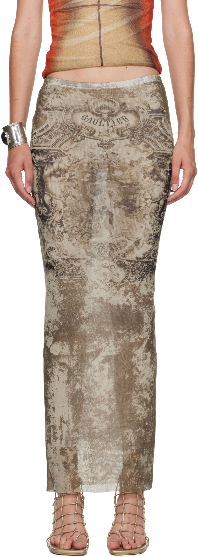 Спідниця Jean Paul Gaultier Jean Paul Gaultier Long Medailon Print Mesh Midi Skirt бежевий | 25/03-W-SK005-M006P-6965