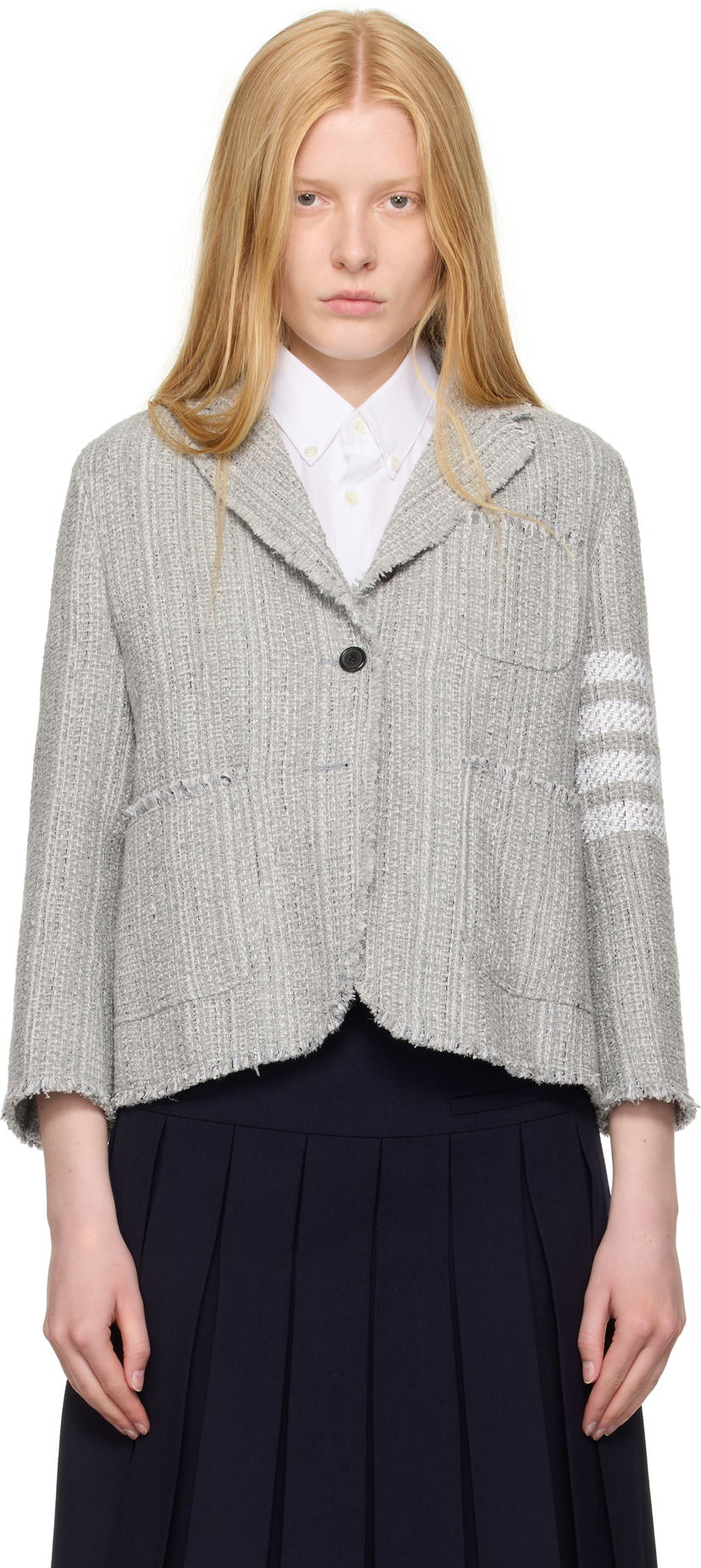 Куртка Thom Browne Thom Browne Tweed Fray 4-Bar Cropped Sack Blazer Сірий | FBC788T-F0512