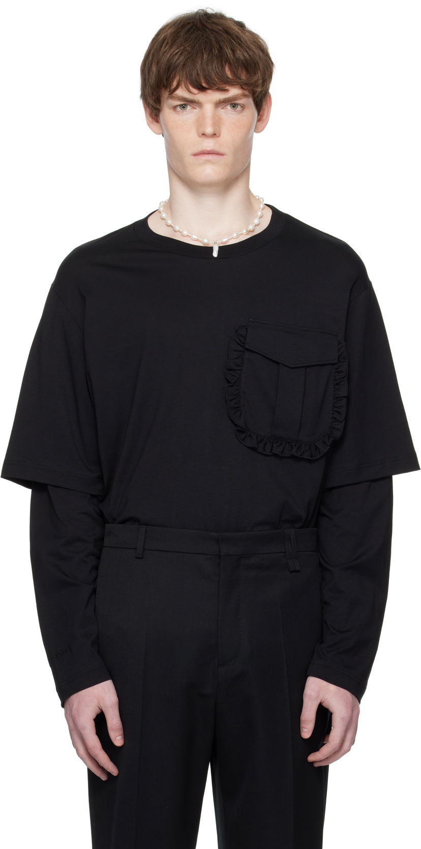 Футболка Simone Rocha Simone Rocha Layered Ruffle Pocket Long Sleeve T-Shirt чорний | 5379 0553