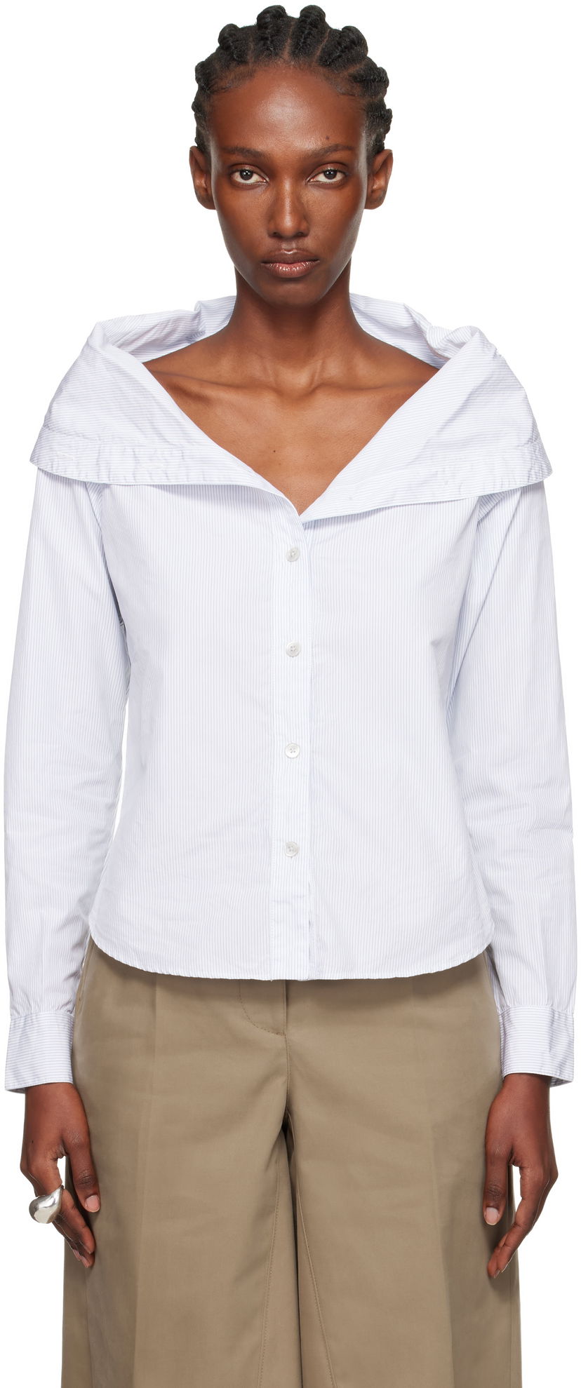 Сорочка OUR LEGACY Kaonashi Pinstriped Long-Sleeve Off-Shoulder Button-Up Shirt білий | W4252KD