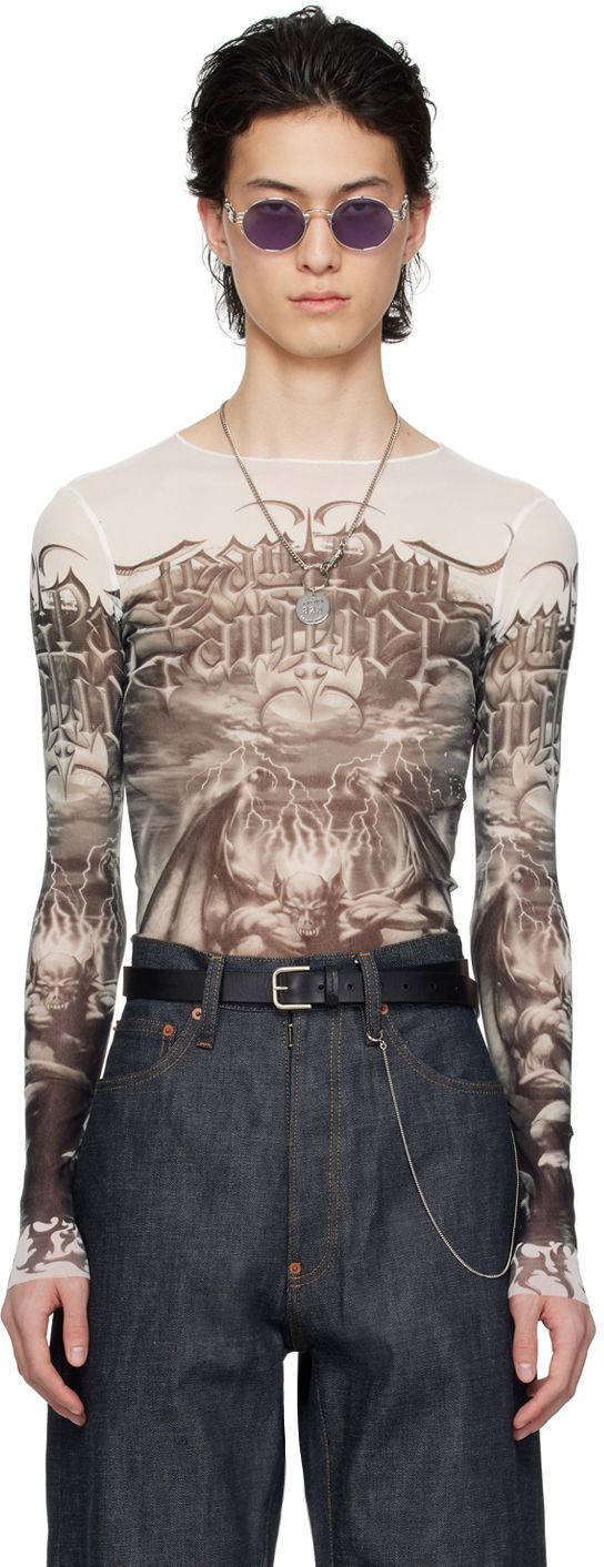 Футболка Jean Paul Gaultier Jean Paul Gaultier 'The Diablo' Graphic Mesh Long Sleeve T-Shirt білий | 24/25-U-TO137-T546-0100