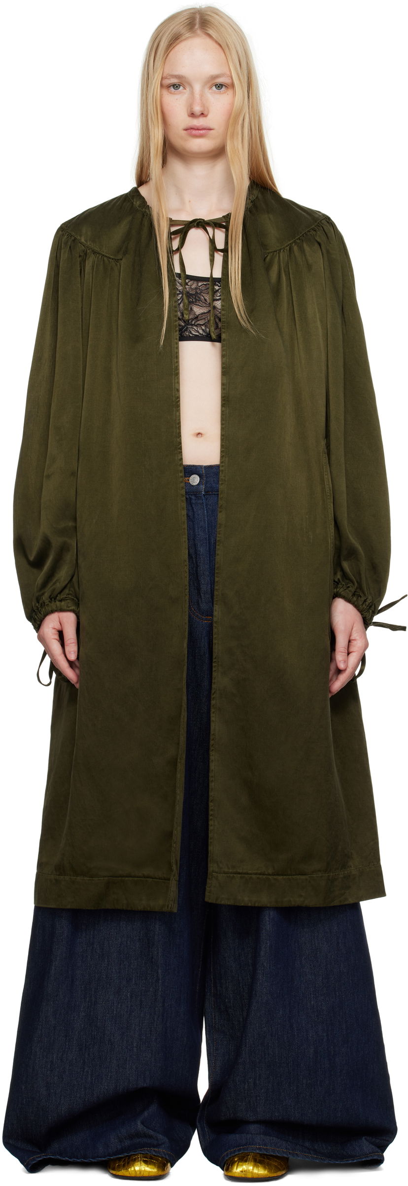 Тренчкот Dries Van Noten Dries Van Noten Gathered Open Front Coat Зелений | 251-010202-1426