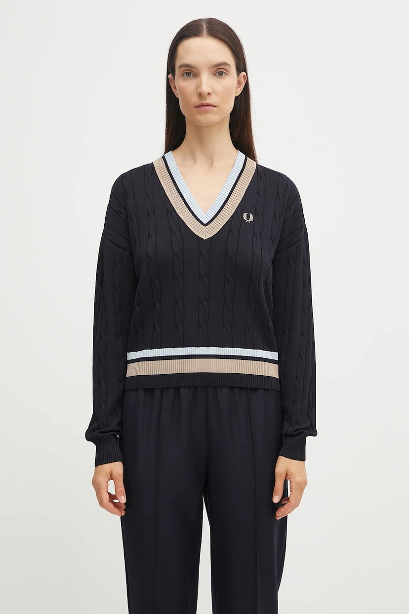 Cветр Fred Perry Fred Perry Cable Knit V-Neck Sweater темно-синій | K1102