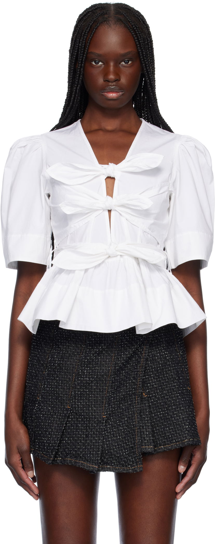 Сорочка GANNI GANNI Stretch Cotton Tie Front Peplum Blouse білий | W0309