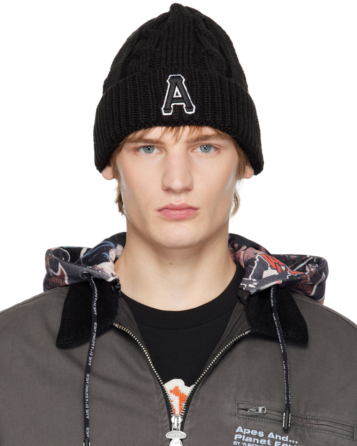 Шапка AAPE by A Bathing Ape A Bathing Ape Aape Main Knit Beanie with Logo чорний | AAPHTM5288XXNBKX, 0