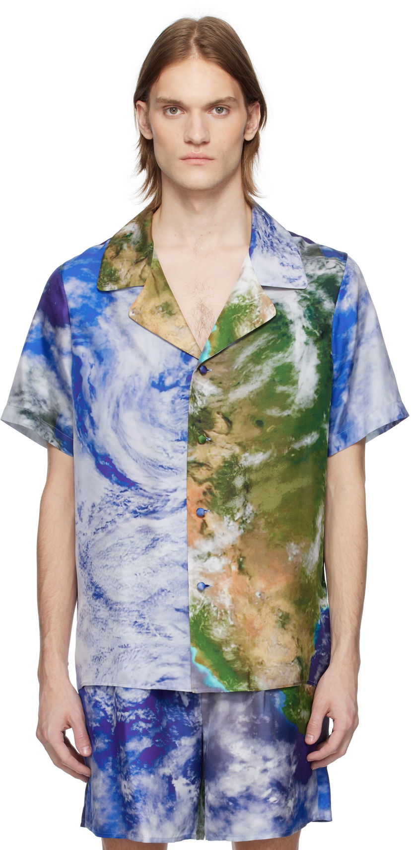 Сорочка Balmain Balmain Earth Print Silk Shirt Синій | EH0HN067SE89