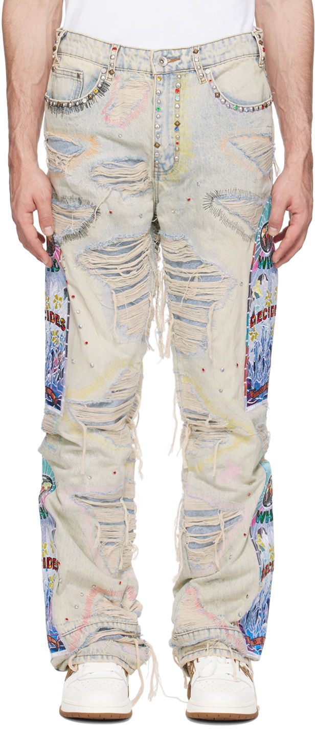 Джинси Who Decides War Who Decides War Distressed Studded Embroidered Patched Jeans Різнокольоровий | 1120970008SS24