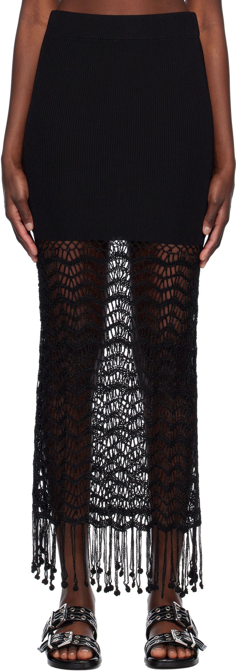 Спідниця GANNI GANNI Crochet Maxi Skirt with Fringe чорний | K2435