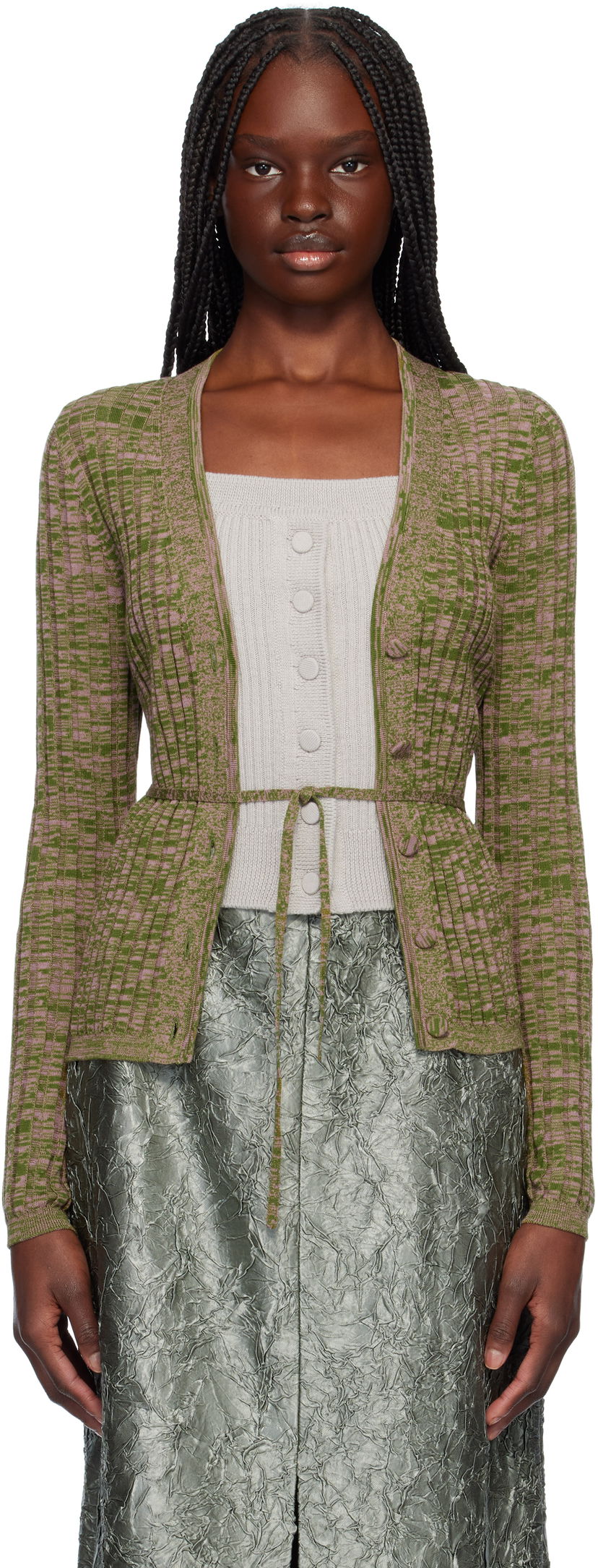 Cветр Dries Van Noten Dries Van Noten Rib-Knit Tie Cardigan Зелений | 251-011229-1716
