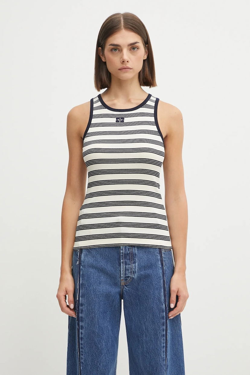 Безрукавка GANNI GANNI Women's Striped Soft Cotton Rib Tank Top білий | T4144