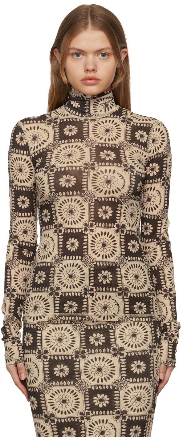 Футболка Nanushka Harri Tile Print Turtleneck Top бежевий | NW22RSTP00977