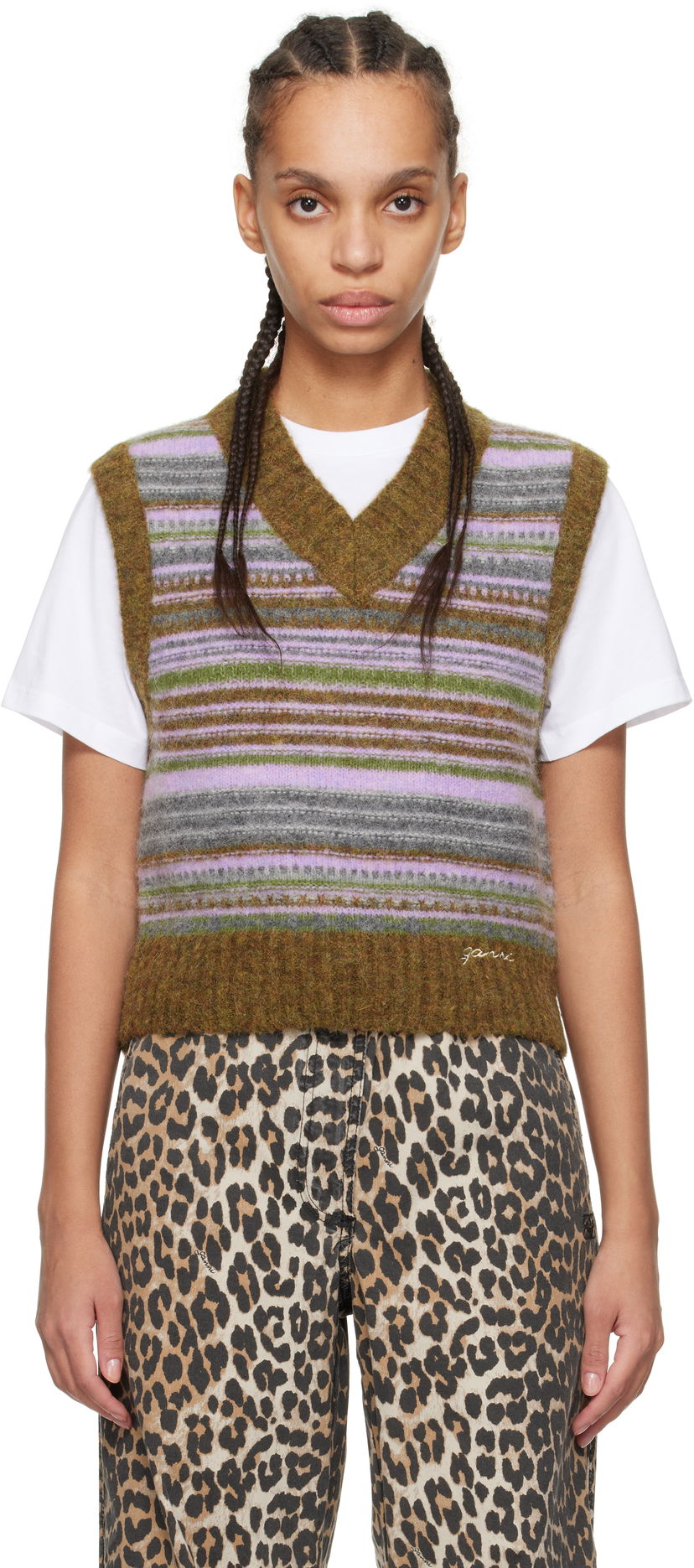 Cветр GANNI GANNI Soft Wool Striped Knit Vest Коричневий | K2356