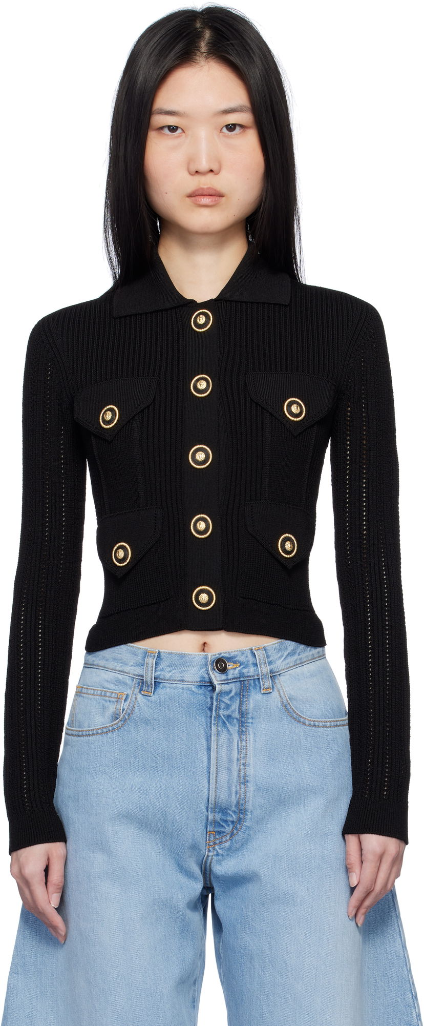 Cветр Balmain Cropped Ribbed Cardigan чорний | EF1KL150KI10