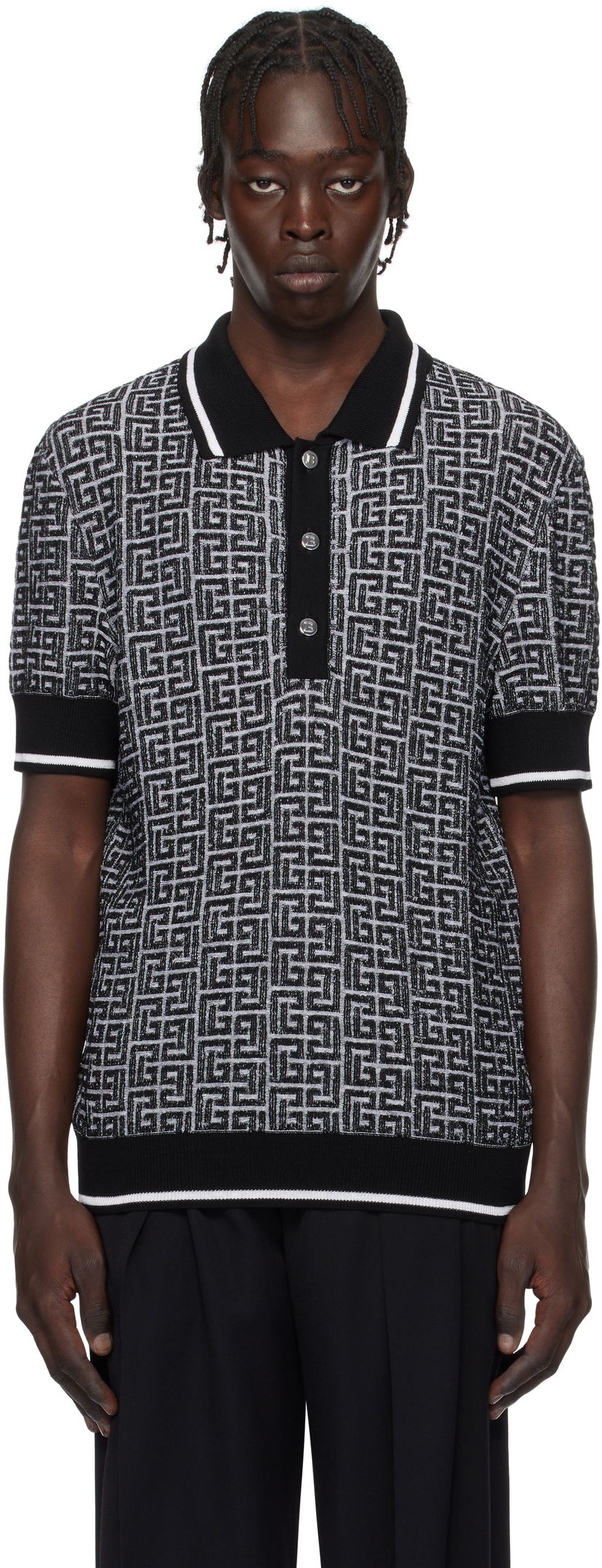 Сорочка поло Balmain Black & White Labyrinth Knit Polo Shirt чорний | EH1GB020KI03