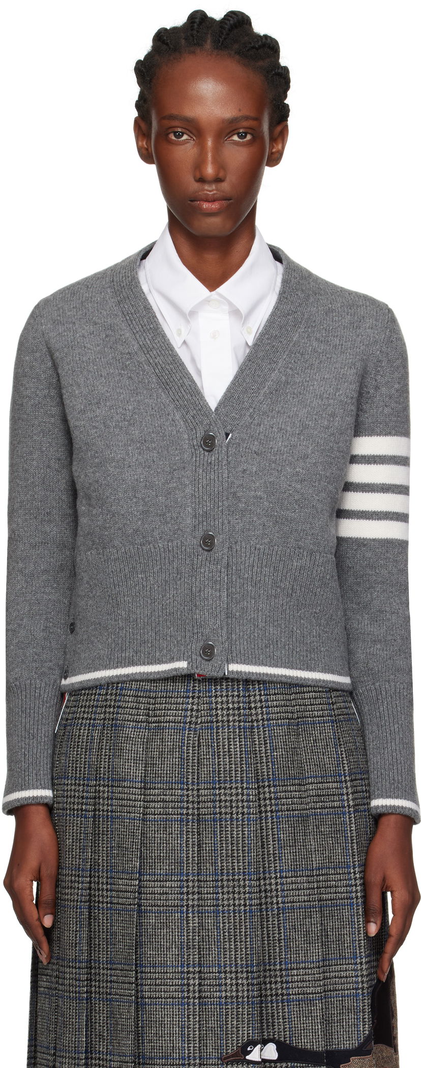 Cветр Thom Browne Thom Browne Intarsia Geese 4-Bar V-Neck Cardigan Сірий | FKC657A-Y1029