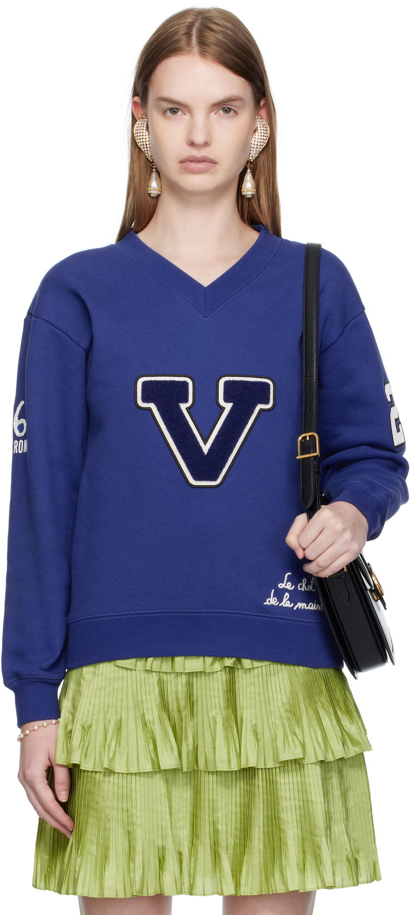 Світшоти Valentino Valentino Embroidered Cotton V-Neck Sweatshirt Синій | 7B3MF24V9KY