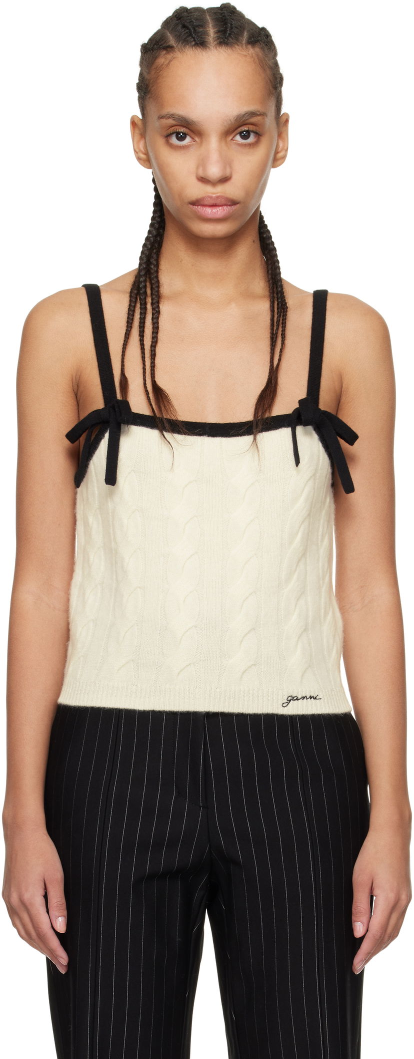 Безрукавка GANNI Off-White & Black Cashmere Mix Strap Tank Top бежевий | K2416